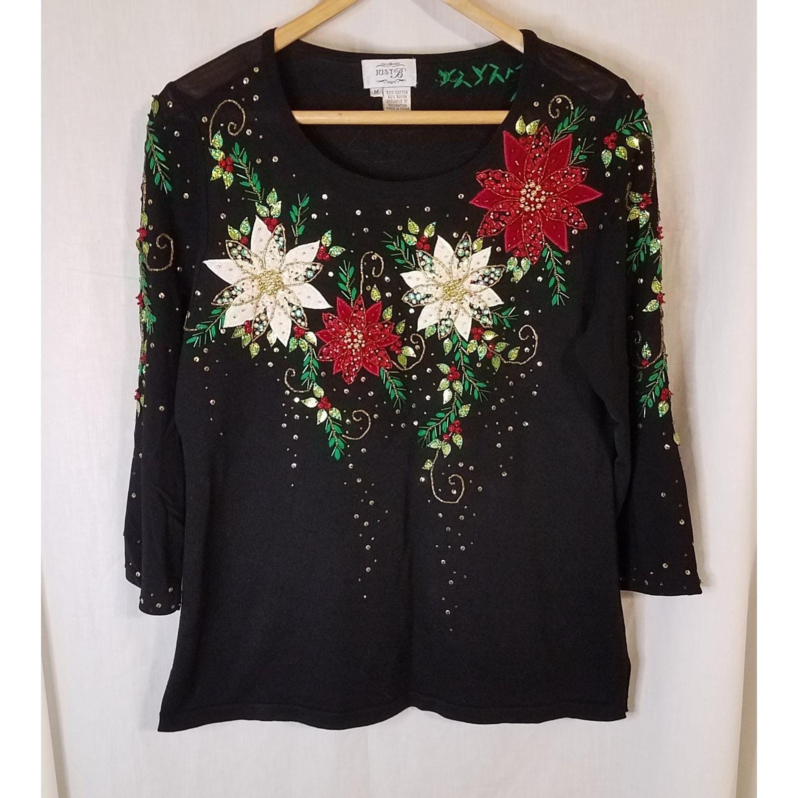 Vintage Just B Christmas Poinsette Sequins Beads Embroidery Sweater Size Medium